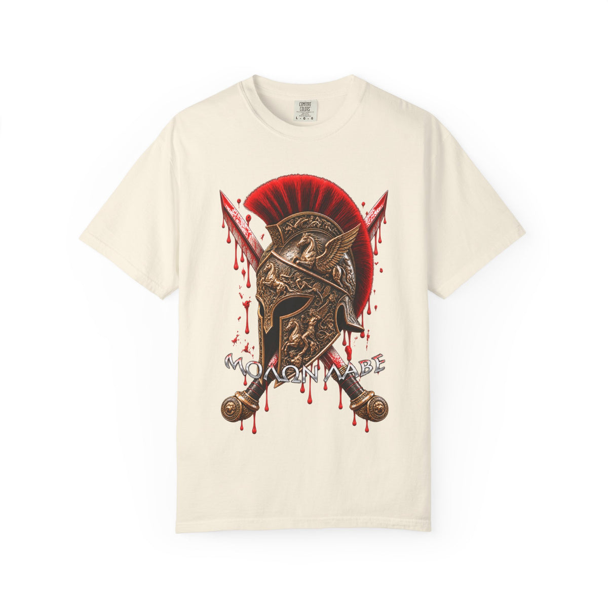 Spartan Helmet & Swords T-Shirt — 'Molon Labe' Blood-Drip Warrior Tee