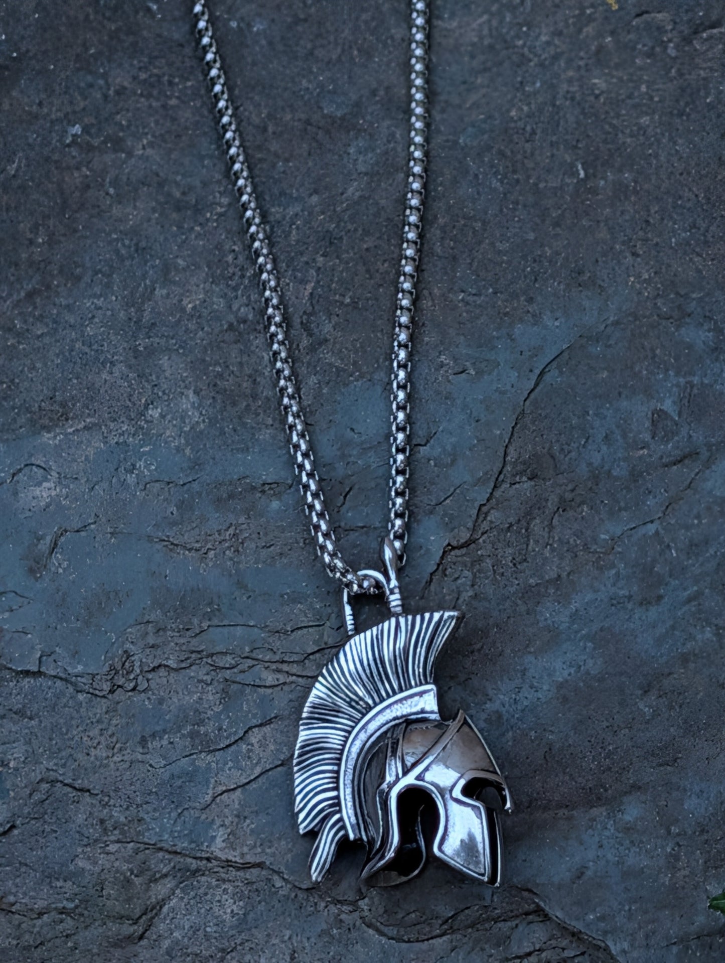 Silver Spartan Legacy Necklace with detailed warrior helmet pendant