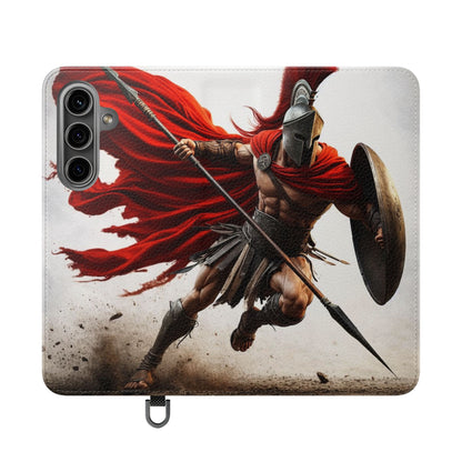Spartan Warrior Flip Phone Case - Leather Wallet Folio with Red Cape Battle Design