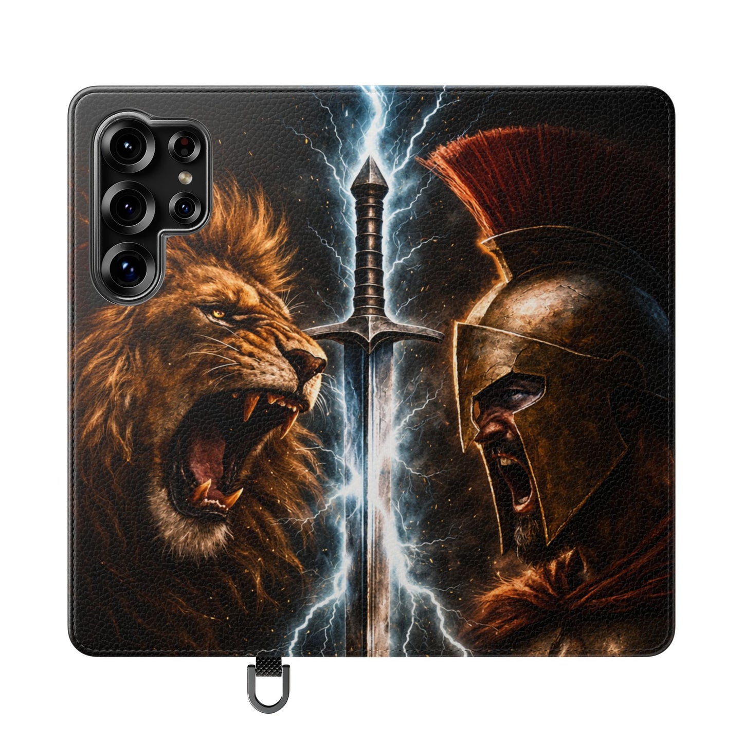 Warrior Lion & Spartan Helmet Flip Phone Case  Leather Folio Wallet Cover