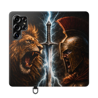 Warrior Lion & Spartan Helmet Flip Phone Case  Leather Folio Wallet Cover