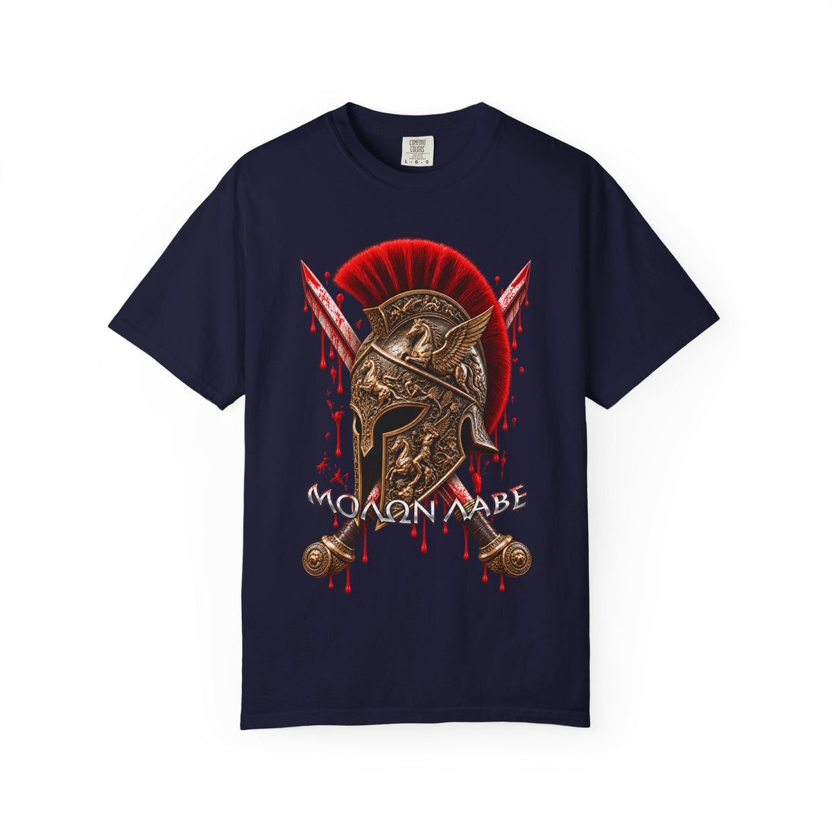 Spartan Helmet & Swords T-Shirt — 'Molon Labe' Blood-Drip Warrior Tee