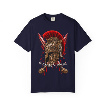 Spartan Helmet & Swords T-Shirt — 'Molon Labe' Blood-Drip Warrior Tee