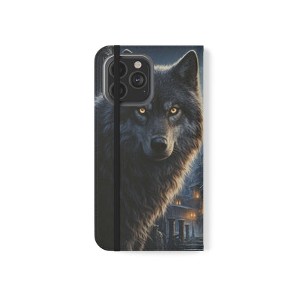 Wolf at Moonlit Ruins Flip Case — Mystical Nightscape Phone Wallet