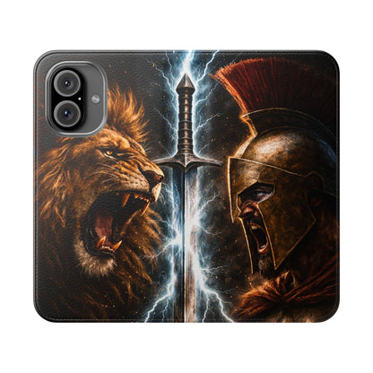 Warrior Lion & Spartan Helmet Flip Phone Case  Leather Folio Wallet Cover
