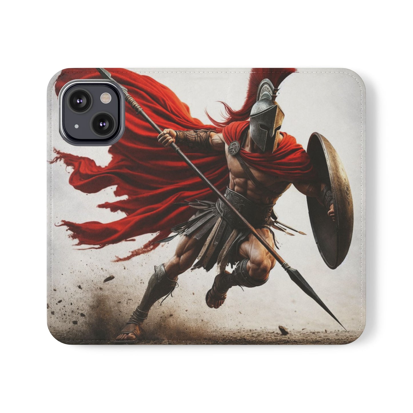 Spartan Warrior Flip Phone Case - Leather Wallet Folio with Red Cape Battle Design