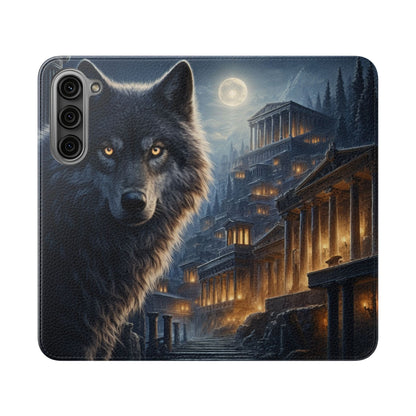 Wolf at Moonlit Ruins Flip Case — Mystical Nightscape Phone Wallet