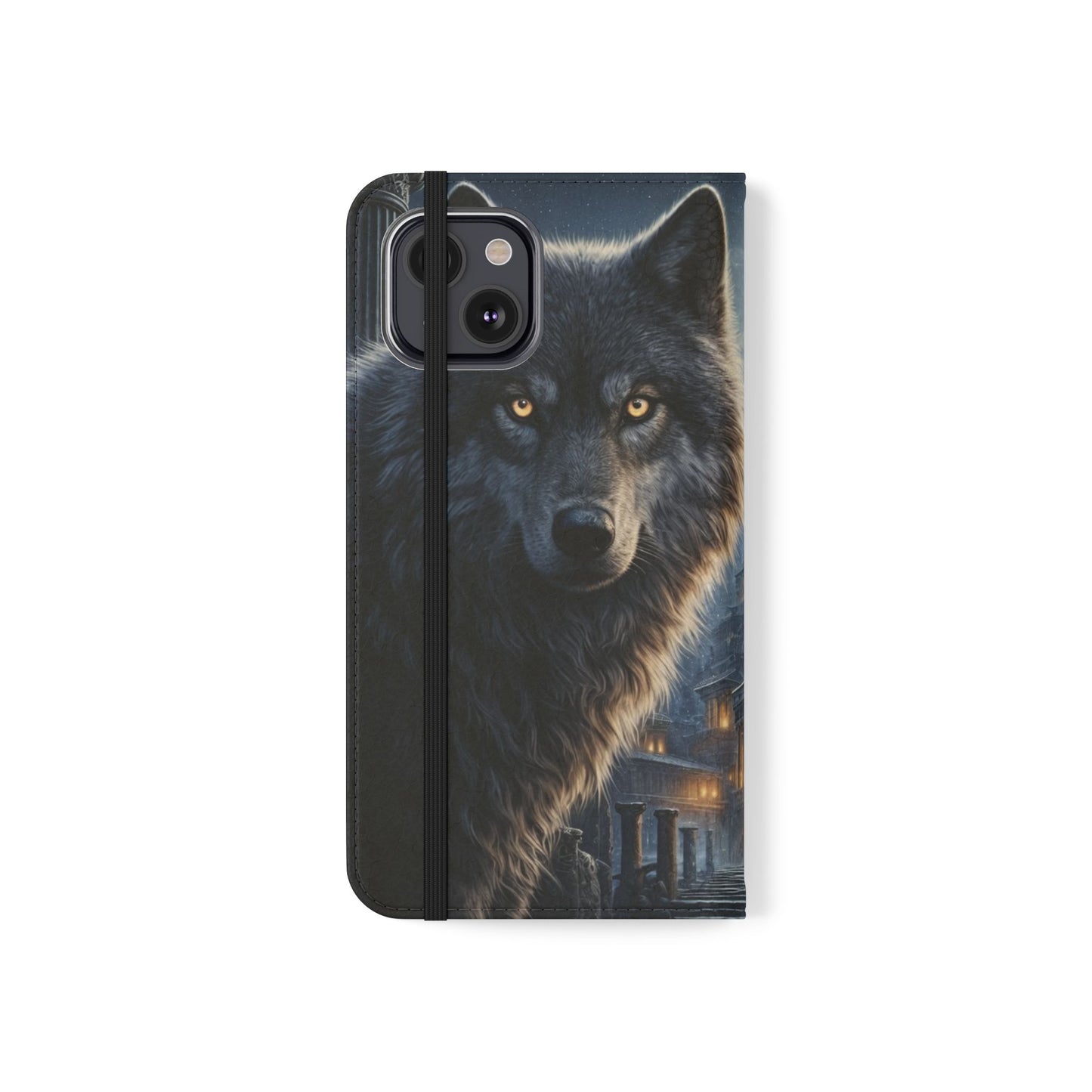 Wolf at Moonlit Ruins Flip Case — Mystical Nightscape Phone Wallet