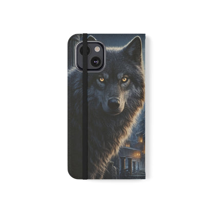 Wolf at Moonlit Ruins Flip Case — Mystical Nightscape Phone Wallet
