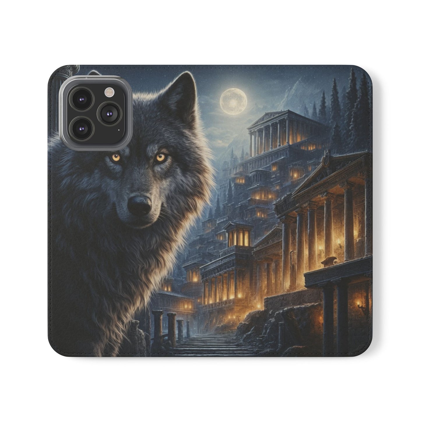 Wolf at Moonlit Ruins Flip Case — Mystical Nightscape Phone Wallet