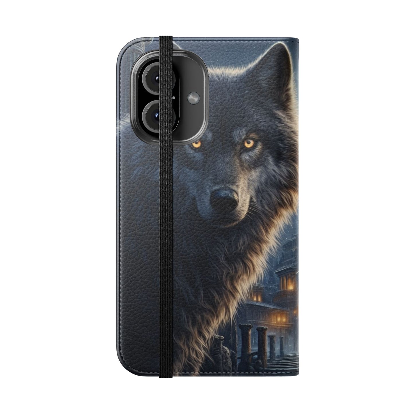 Wolf at Moonlit Ruins Flip Case — Mystical Nightscape Phone Wallet
