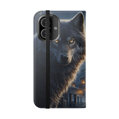 Wolf at Moonlit Ruins Flip Case — Mystical Nightscape Phone Wallet