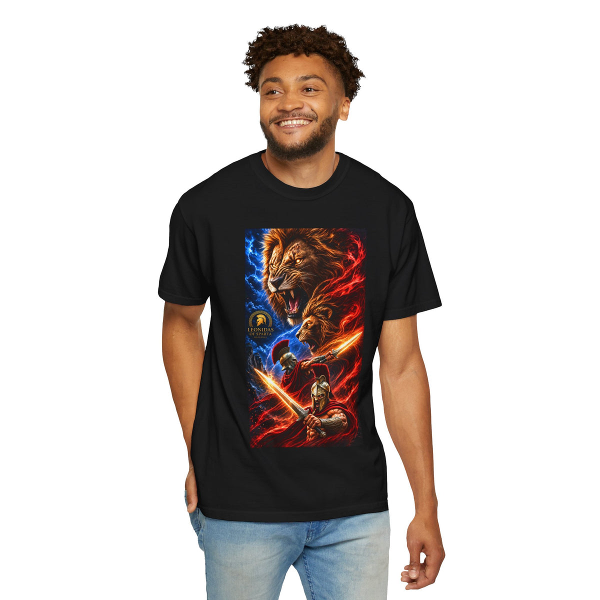 Lion Warrior Graphic T-Shirt — Roaring Lion, Spartan Hero Design