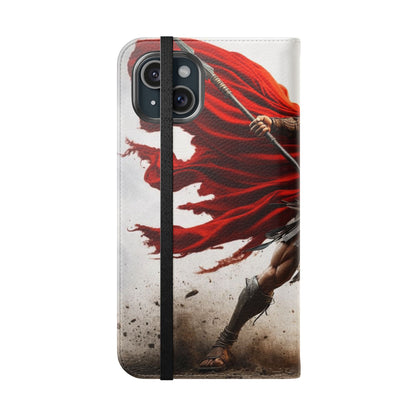 Spartan Warrior Flip Phone Case - Leather Wallet Folio with Red Cape Battle Design