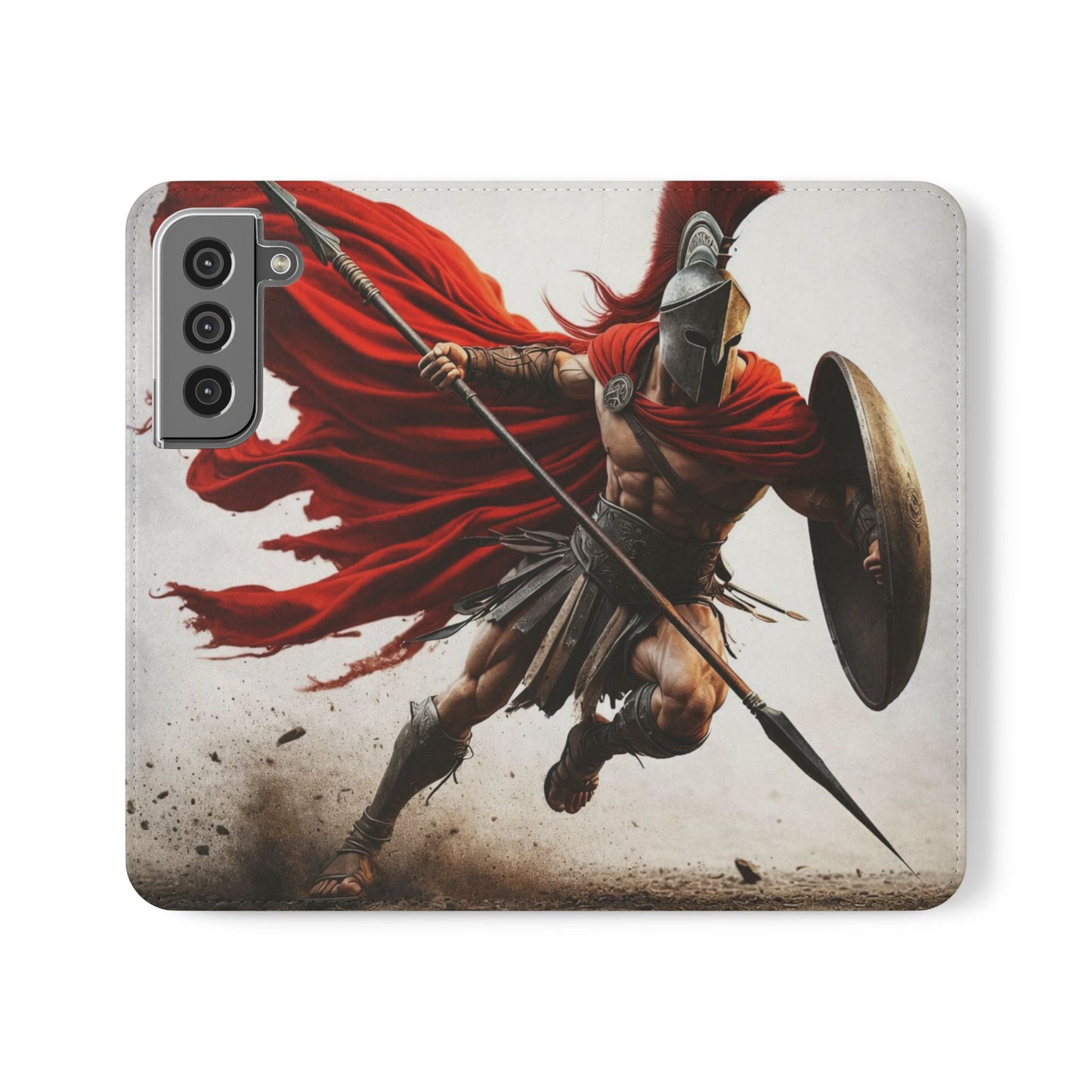 Spartan Warrior Flip Phone Case - Leather Wallet Folio with Red Cape Battle Design