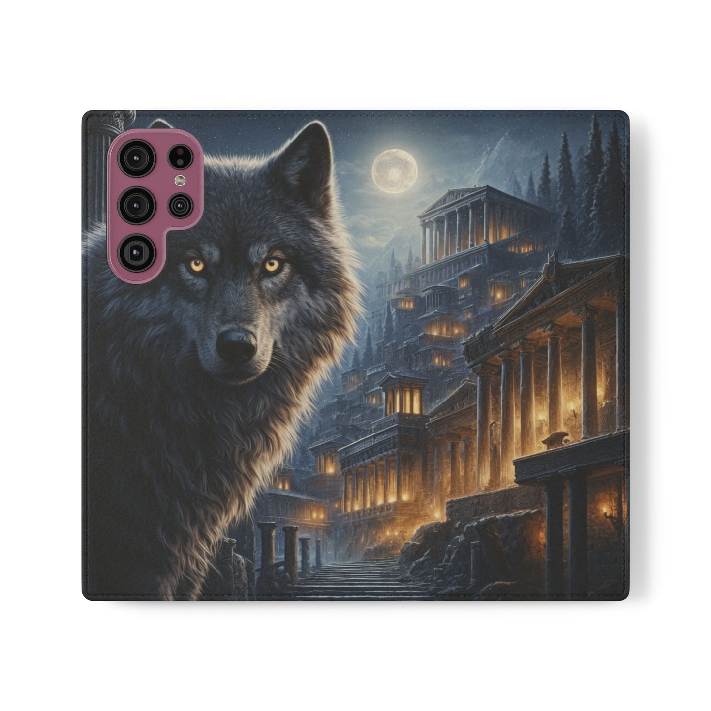 Wolf at Moonlit Ruins Flip Case — Mystical Nightscape Phone Wallet