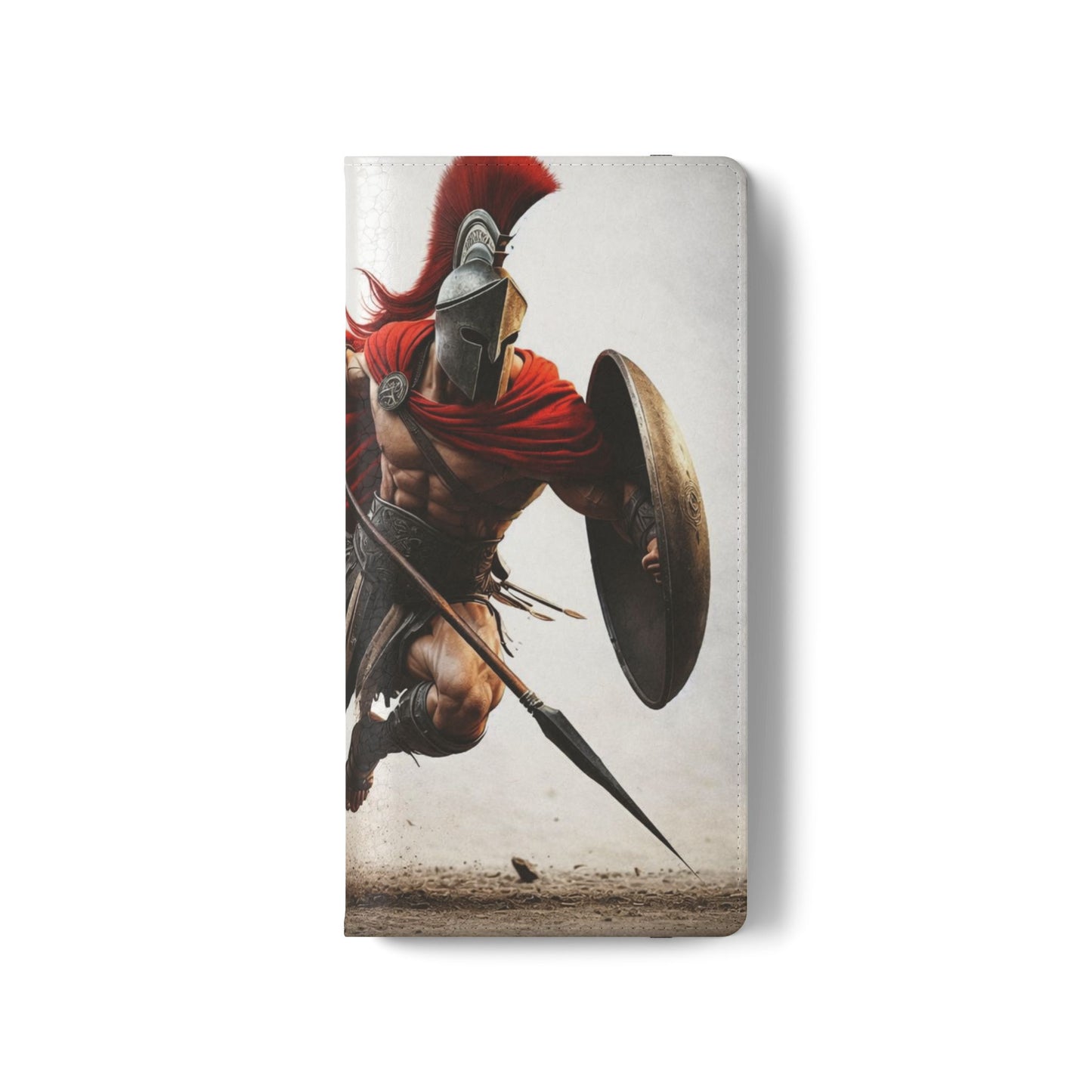 Spartan Warrior Flip Phone Case - Leather Wallet Folio with Red Cape Battle Design