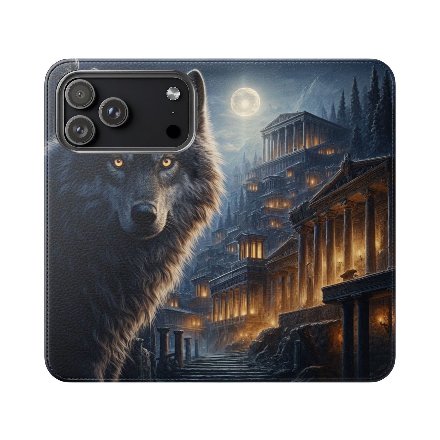 Wolf at Moonlit Ruins Flip Case — Mystical Nightscape Phone Wallet