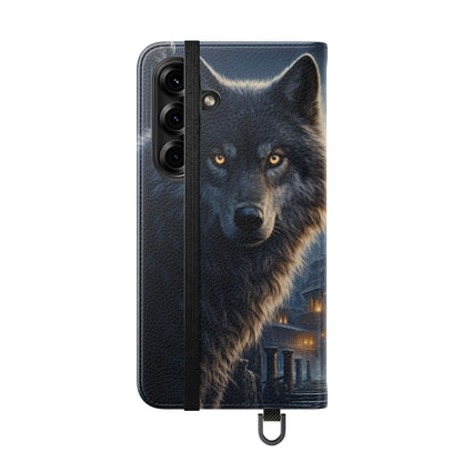 Wolf at Moonlit Ruins Flip Case — Mystical Nightscape Phone Wallet