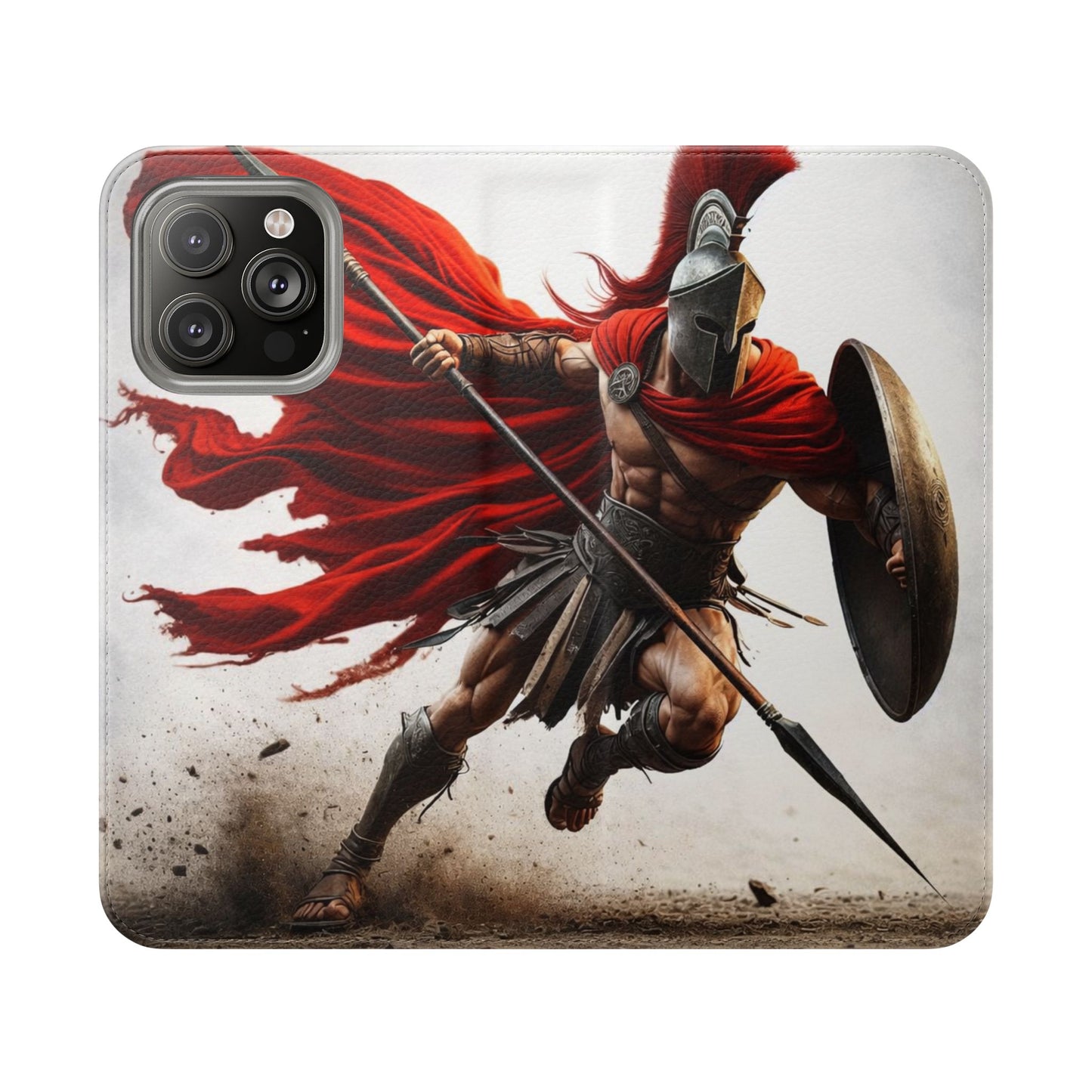 Spartan Warrior Flip Phone Case - Leather Wallet Folio with Red Cape Battle Design
