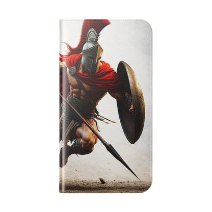Spartan Warrior Flip Phone Case - Leather Wallet Folio with Red Cape Battle Design