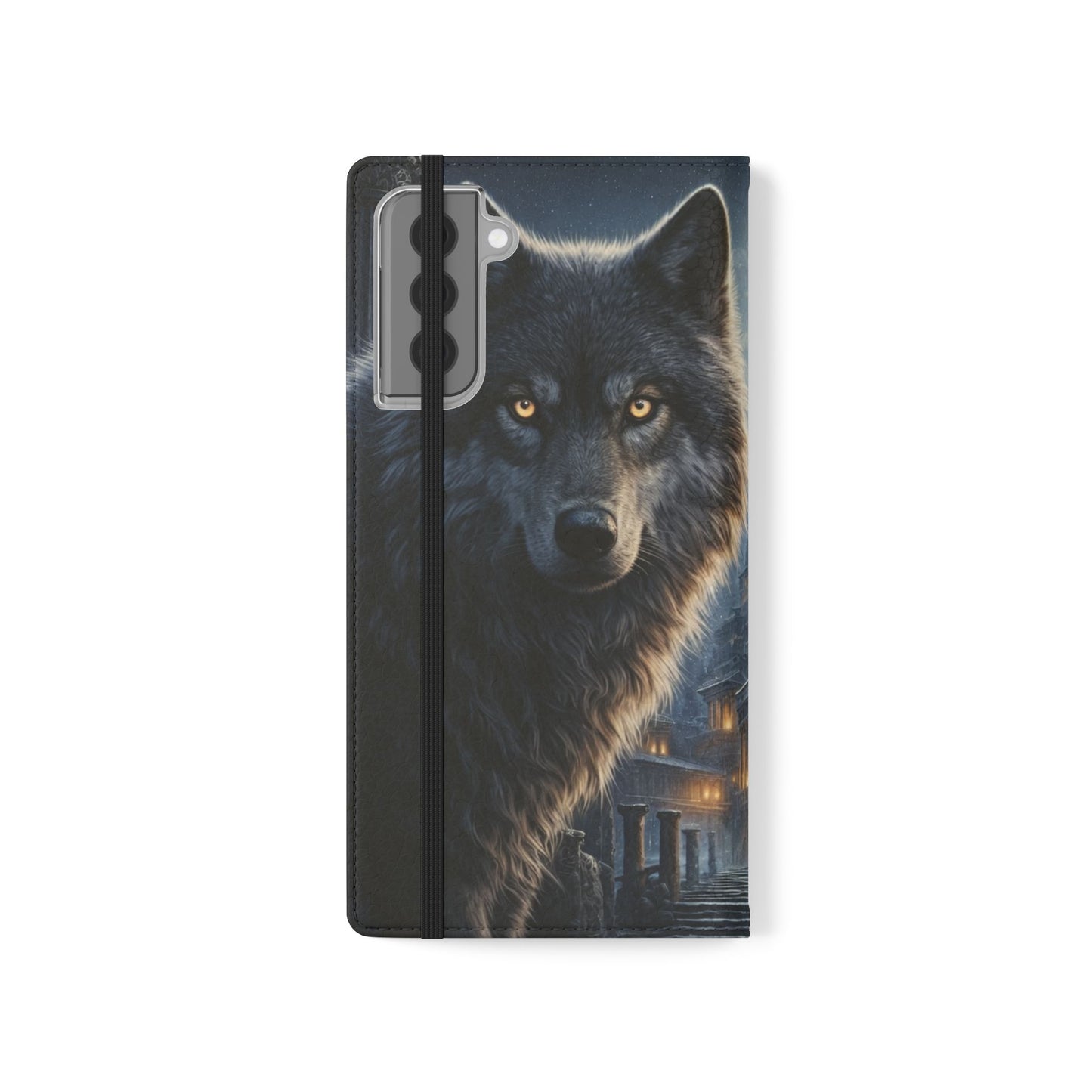 Wolf at Moonlit Ruins Flip Case — Mystical Nightscape Phone Wallet