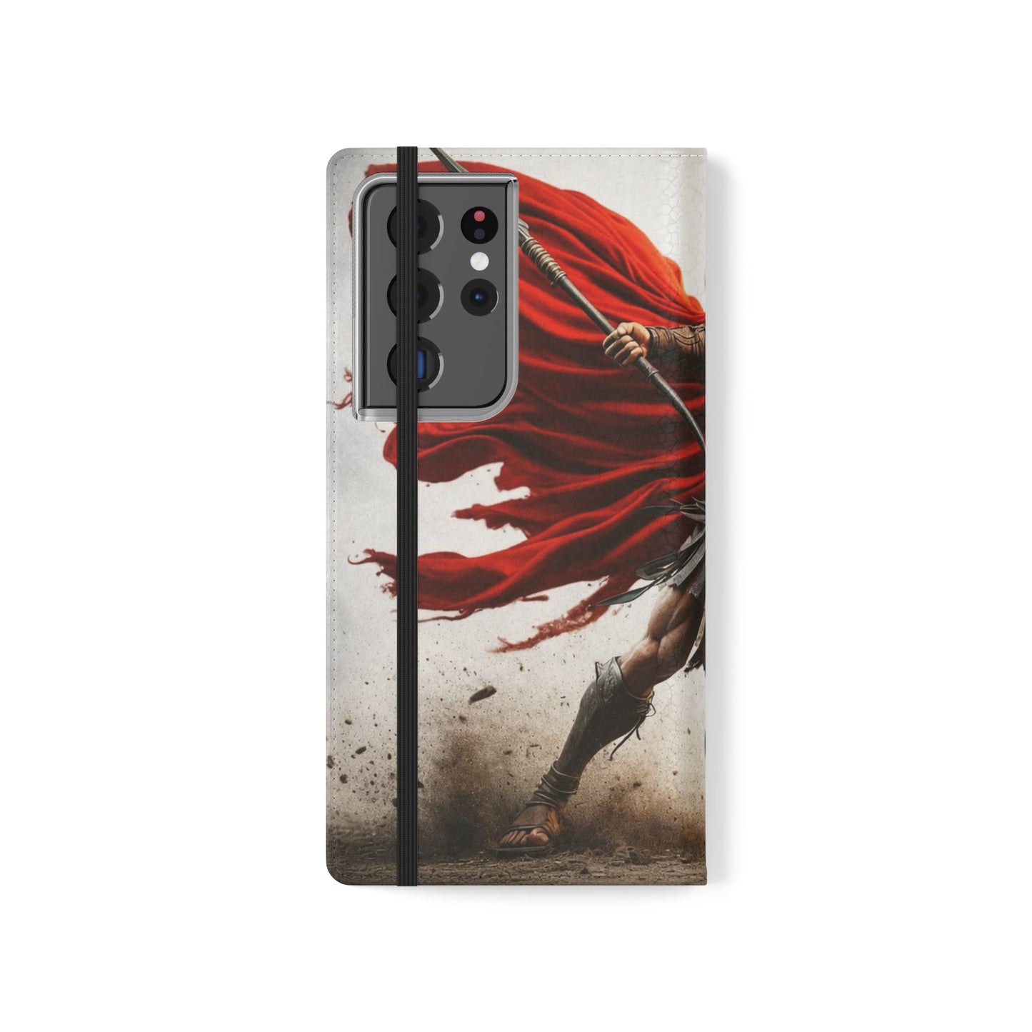 Spartan Warrior Flip Phone Case - Leather Wallet Folio with Red Cape Battle Design