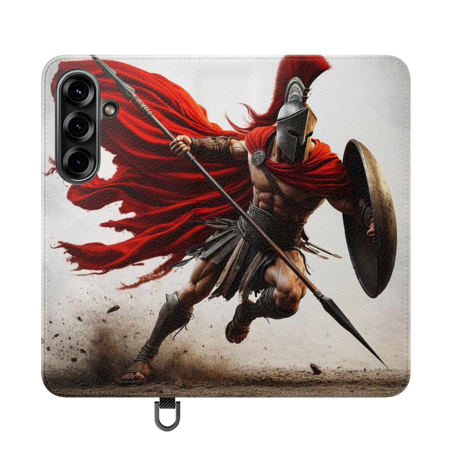 Spartan Warrior Flip Phone Case - Leather Wallet Folio with Red Cape Battle Design
