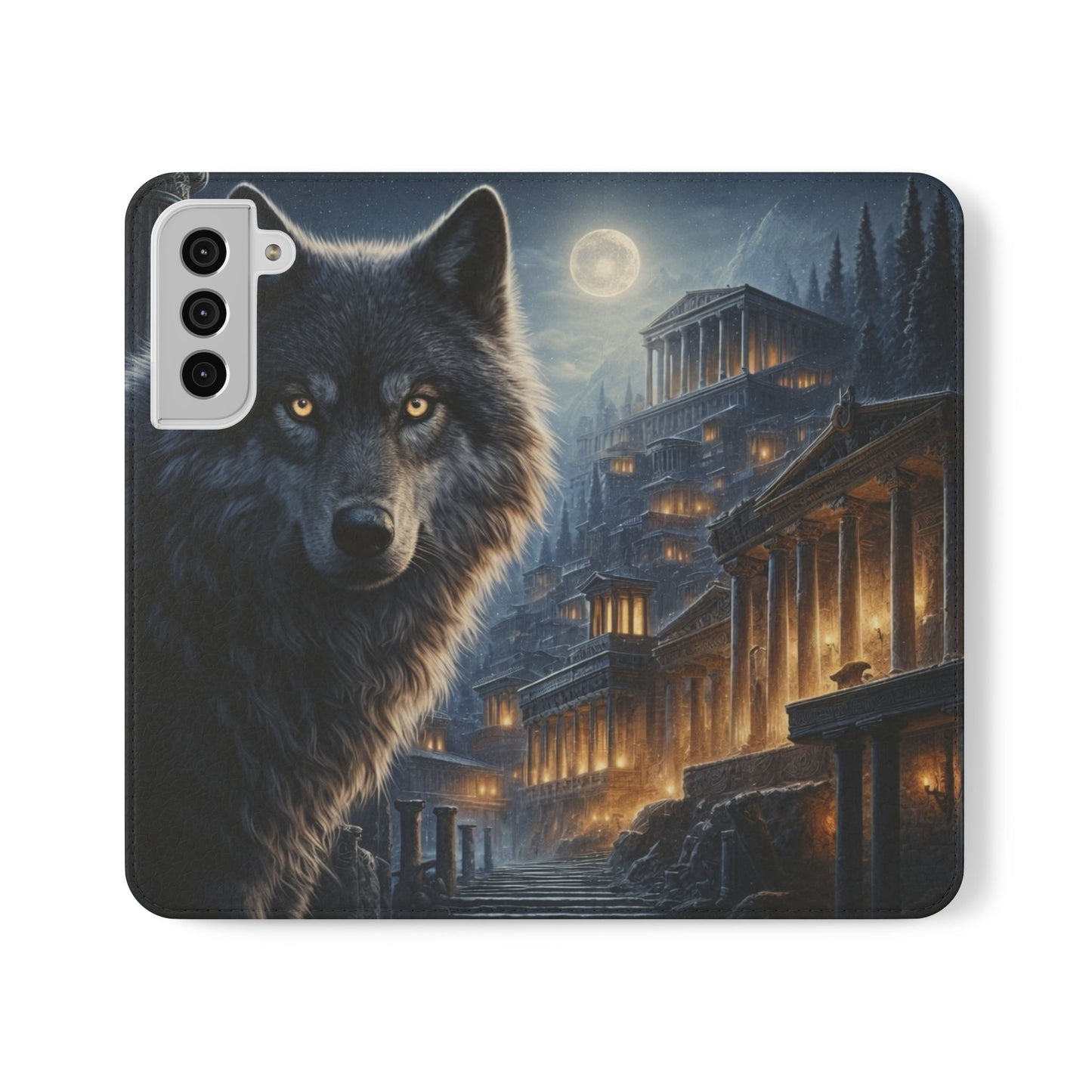 Wolf at Moonlit Ruins Flip Case — Mystical Nightscape Phone Wallet