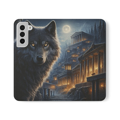Wolf at Moonlit Ruins Flip Case — Mystical Nightscape Phone Wallet