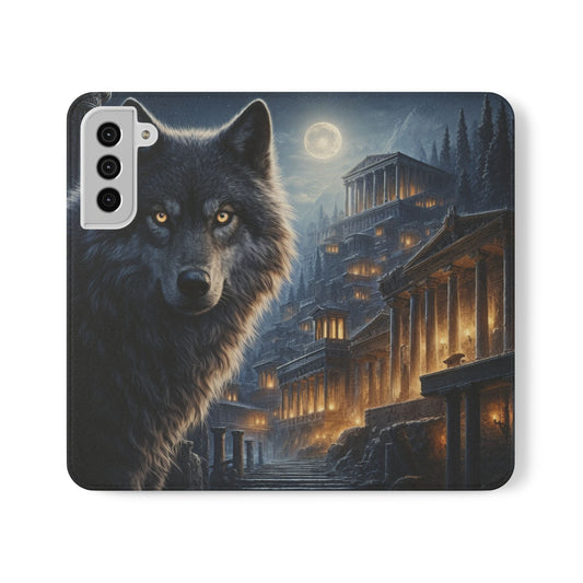 Wolf at Moonlit Ruins Flip Case — Mystical Nightscape Phone Wallet