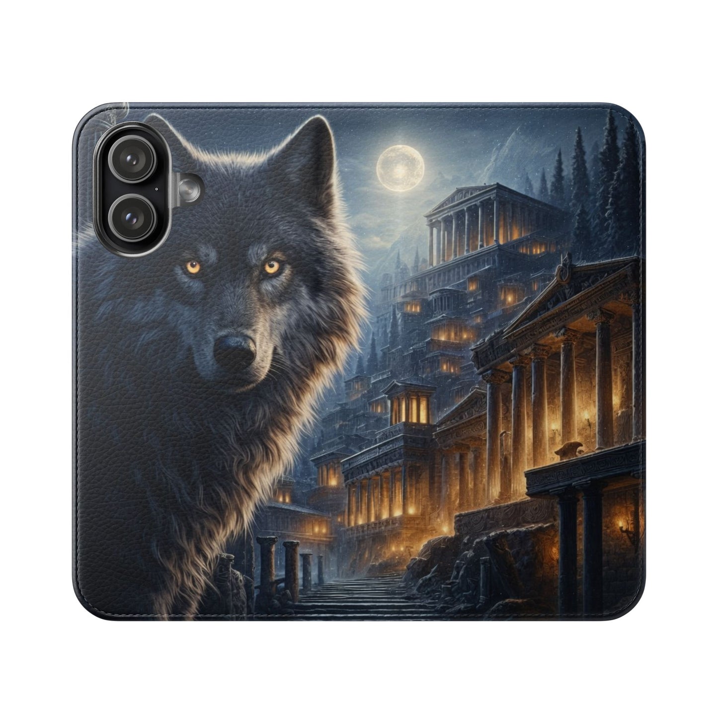 Wolf at Moonlit Ruins Flip Case — Mystical Nightscape Phone Wallet