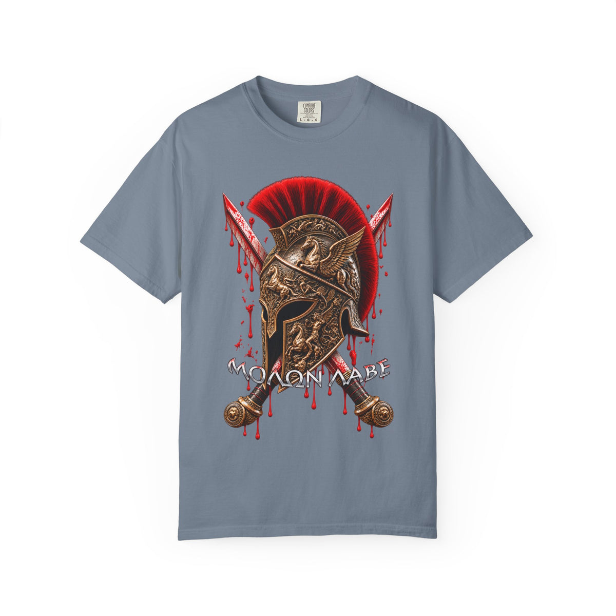 Spartan Helmet & Swords T-Shirt — 'Molon Labe' Blood-Drip Warrior Tee