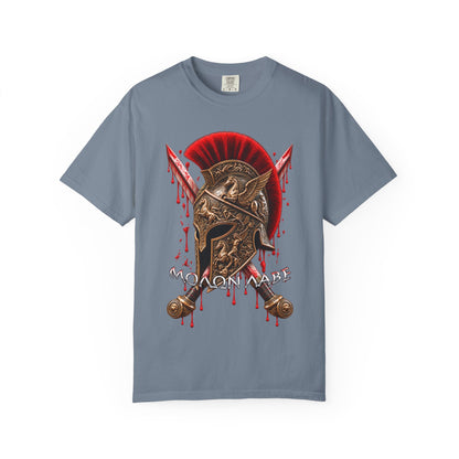 Spartan Helmet & Swords T-Shirt — 'Molon Labe' Blood-Drip Warrior Tee