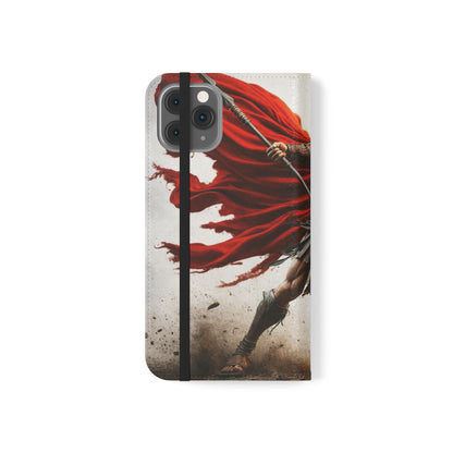 Spartan Warrior Flip Phone Case - Leather Wallet Folio with Red Cape Battle Design
