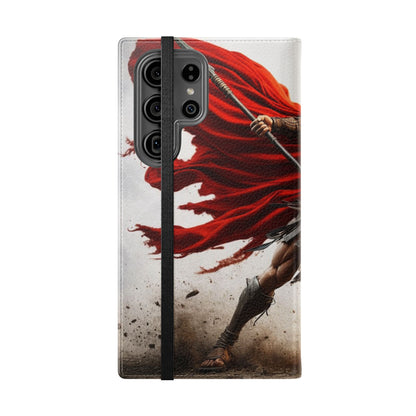 Spartan Warrior Flip Phone Case - Leather Wallet Folio with Red Cape Battle Design