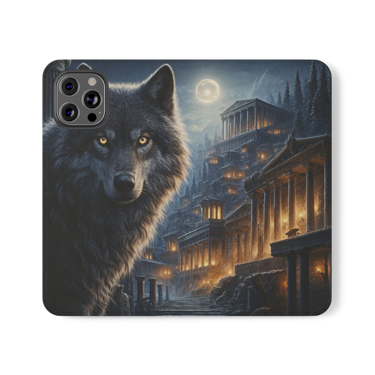 Wolf at Moonlit Ruins Flip Case — Mystical Nightscape Phone Wallet