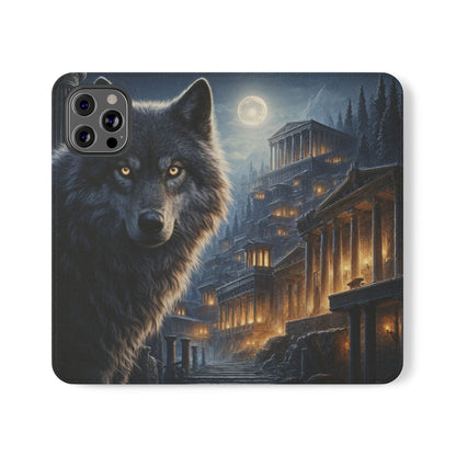 Wolf at Moonlit Ruins Flip Case — Mystical Nightscape Phone Wallet