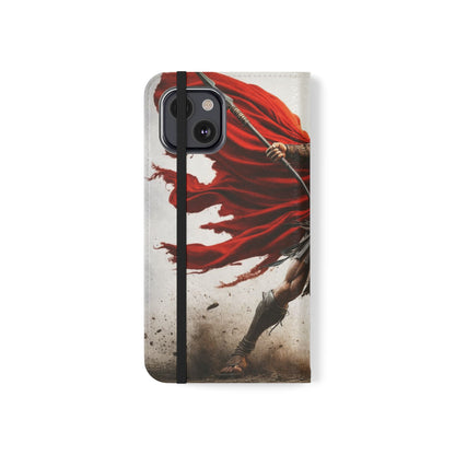Spartan Warrior Flip Phone Case - Leather Wallet Folio with Red Cape Battle Design