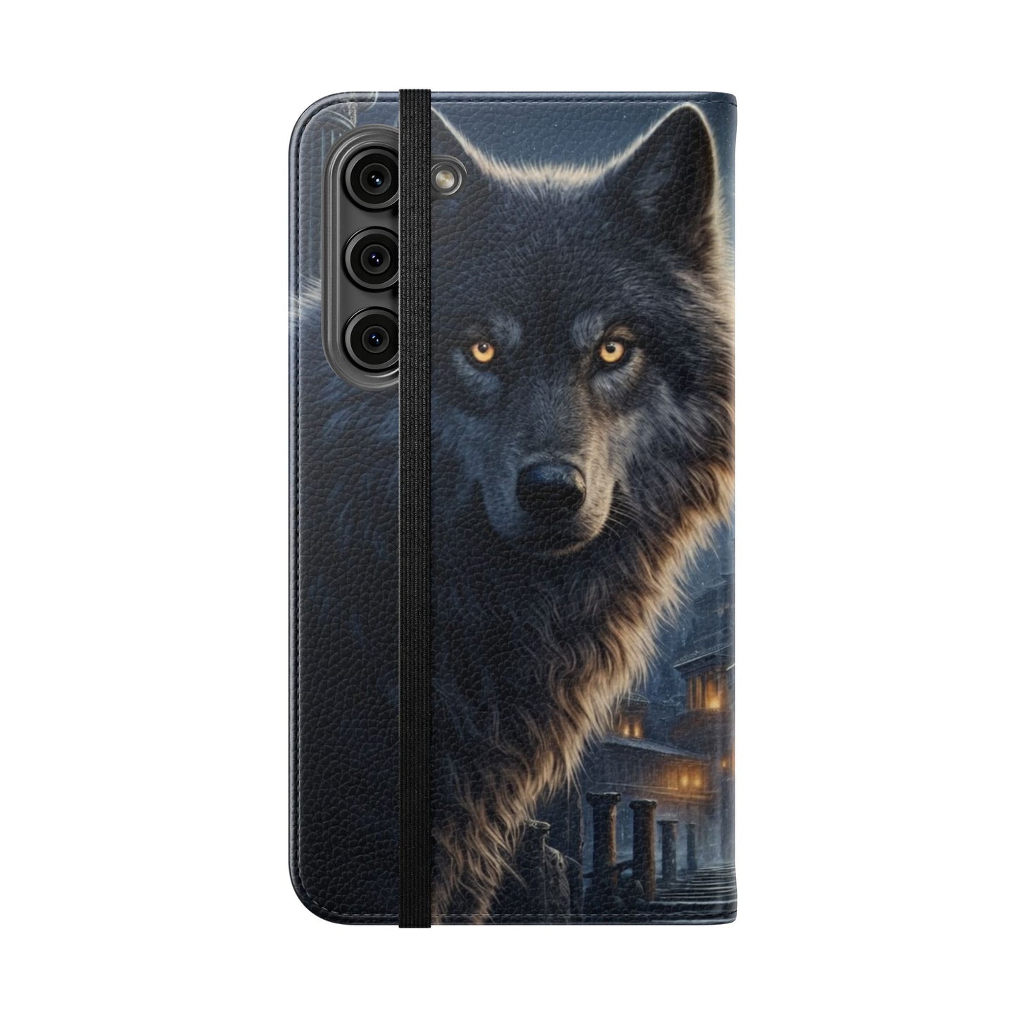 Wolf at Moonlit Ruins Flip Case — Mystical Nightscape Phone Wallet