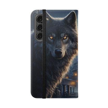Wolf at Moonlit Ruins Flip Case — Mystical Nightscape Phone Wallet