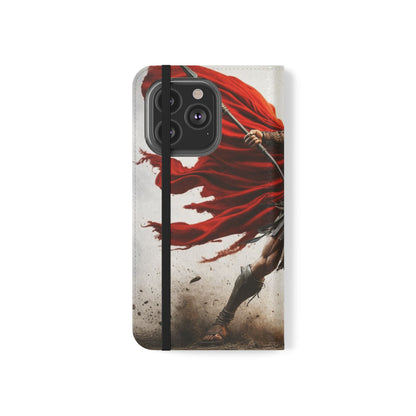 Spartan Warrior Flip Phone Case - Leather Wallet Folio with Red Cape Battle Design