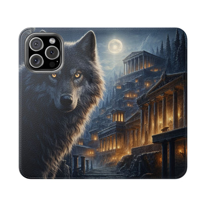 Wolf at Moonlit Ruins Flip Case — Mystical Nightscape Phone Wallet
