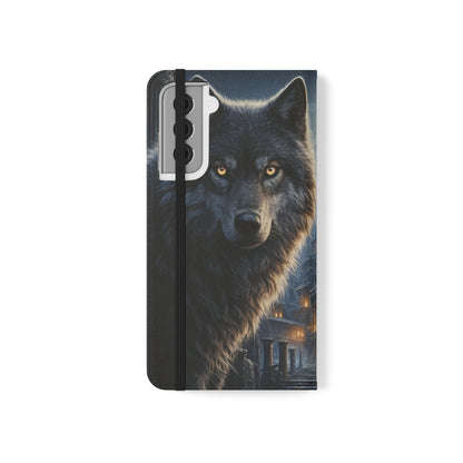 Wolf at Moonlit Ruins Flip Case — Mystical Nightscape Phone Wallet