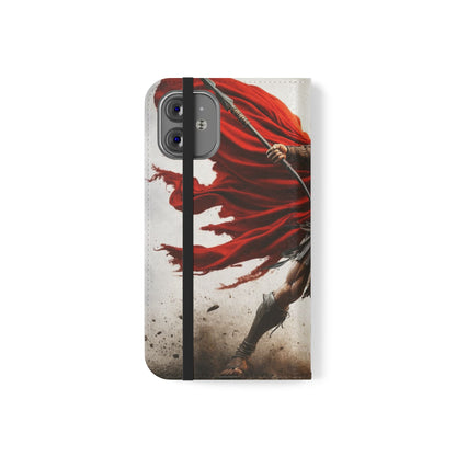 Spartan Warrior Flip Phone Case - Leather Wallet Folio with Red Cape Battle Design