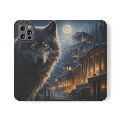 Wolf at Moonlit Ruins Flip Case — Mystical Nightscape Phone Wallet