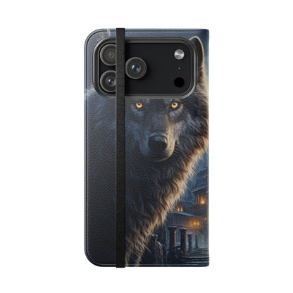 Wolf at Moonlit Ruins Flip Case — Mystical Nightscape Phone Wallet