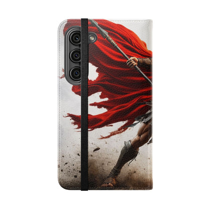 Spartan Warrior Flip Phone Case - Leather Wallet Folio with Red Cape Battle Design