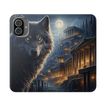 Wolf at Moonlit Ruins Flip Case — Mystical Nightscape Phone Wallet