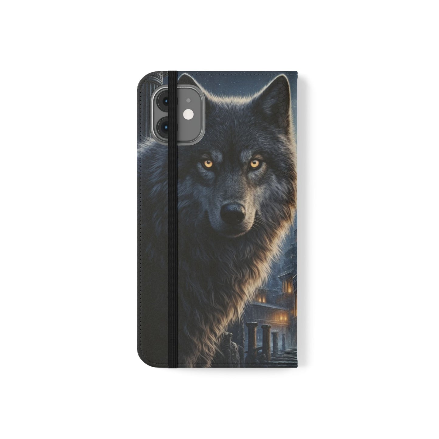 Wolf at Moonlit Ruins Flip Case — Mystical Nightscape Phone Wallet